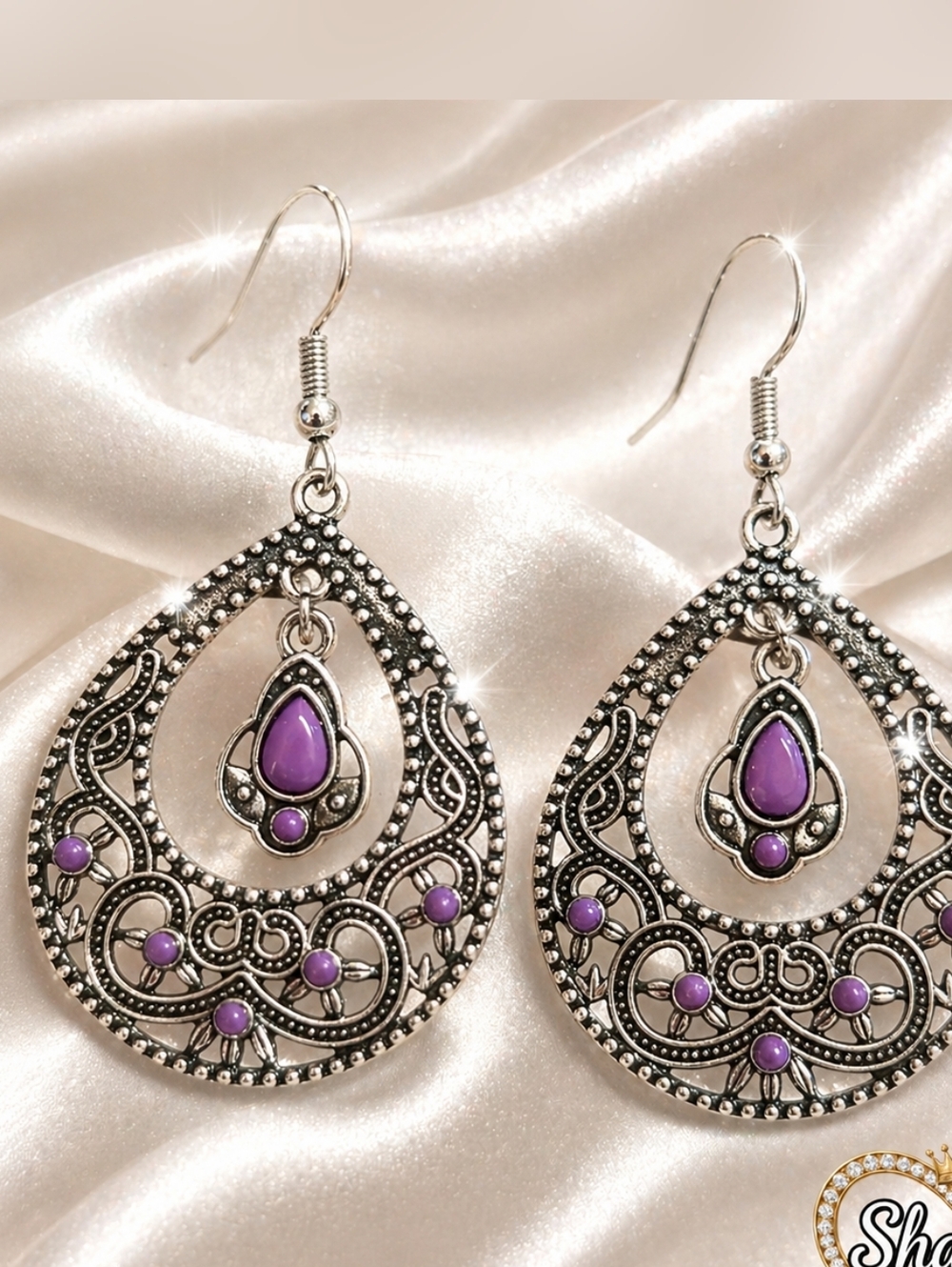 Silver Filigree Teardrop Earrings with Purple Stones - Women Jewelry
